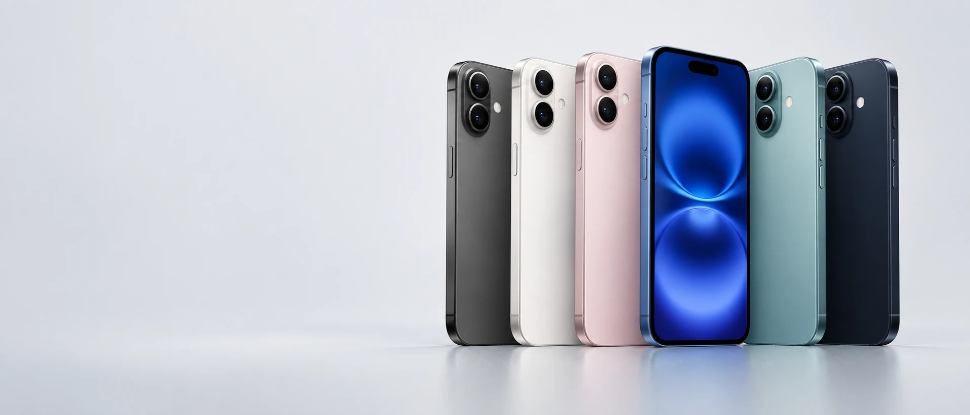 A studio arrangement of premium smartphones in six finishes
