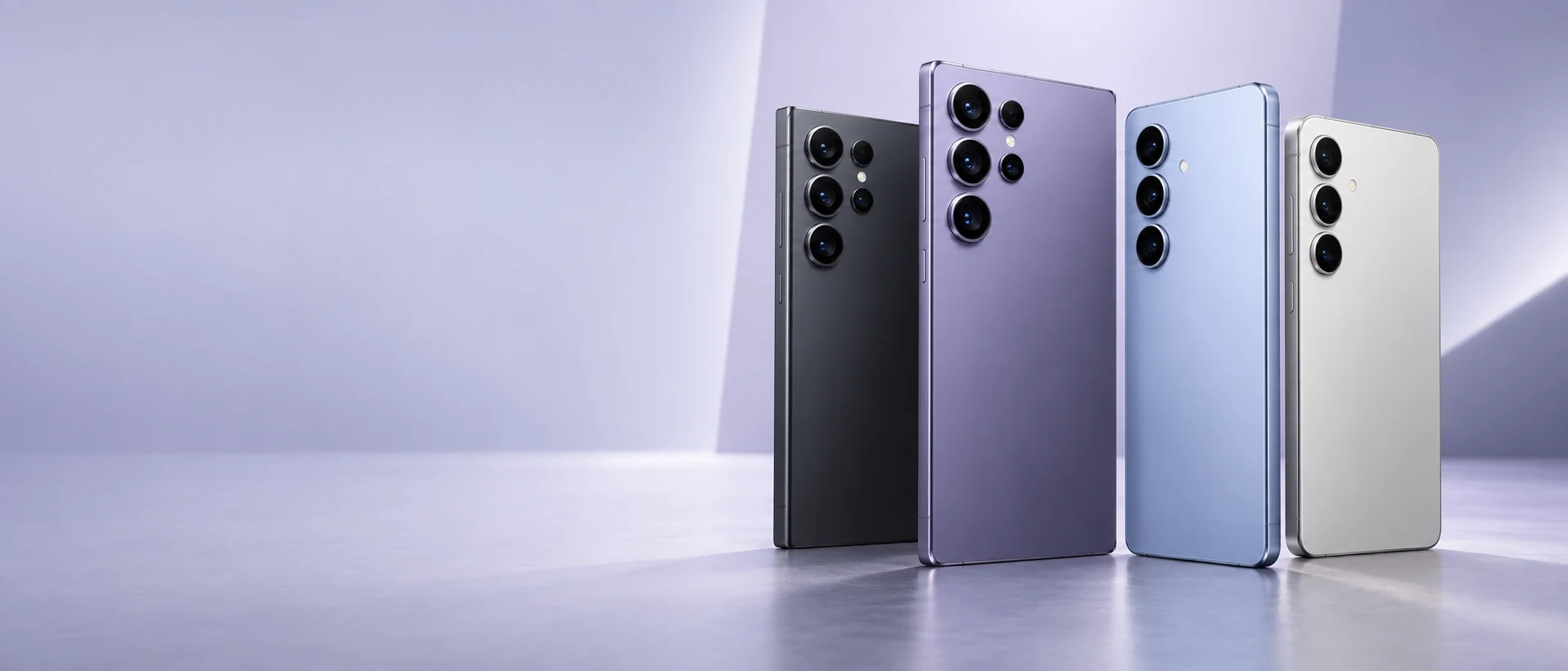 Four Galaxy-style flagship smartphones in a lavender studio
